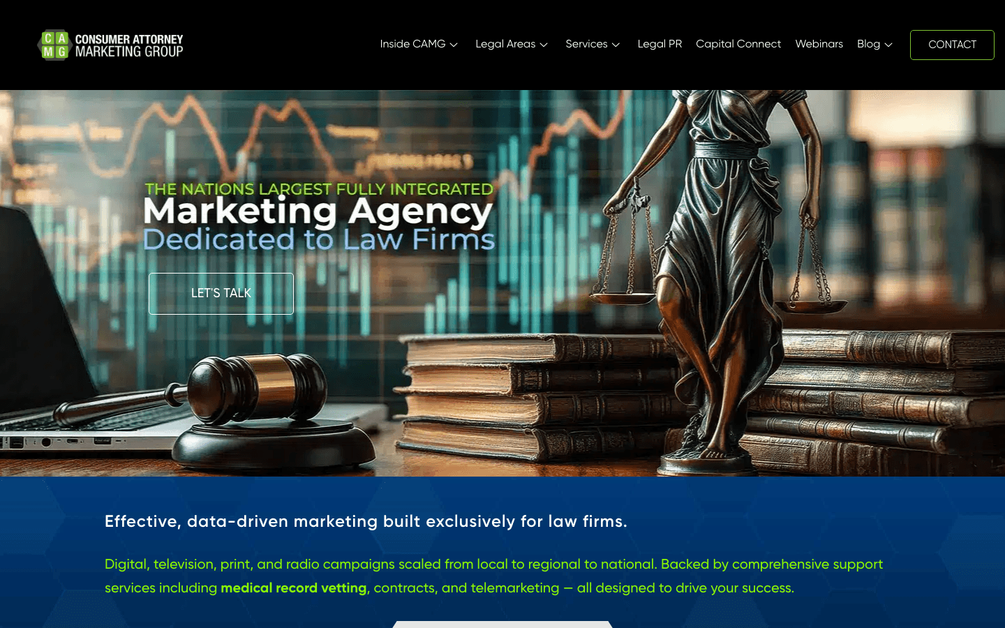 Consumer Attorney Marketing Group (CAMG) homepage hero screenshot, captured 2026-05-23