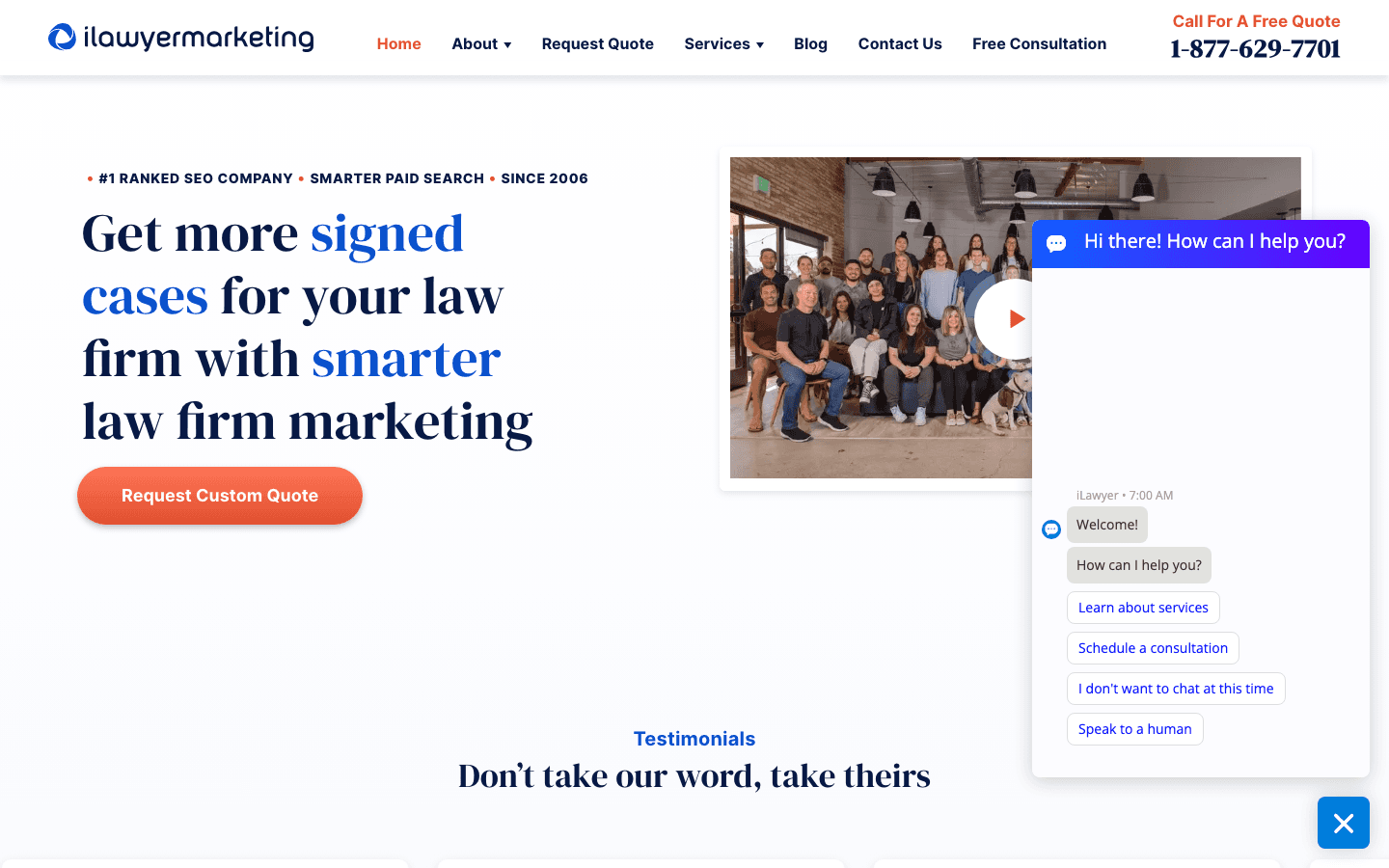 iLawyer Marketing homepage hero screenshot, captured 2026-05-23