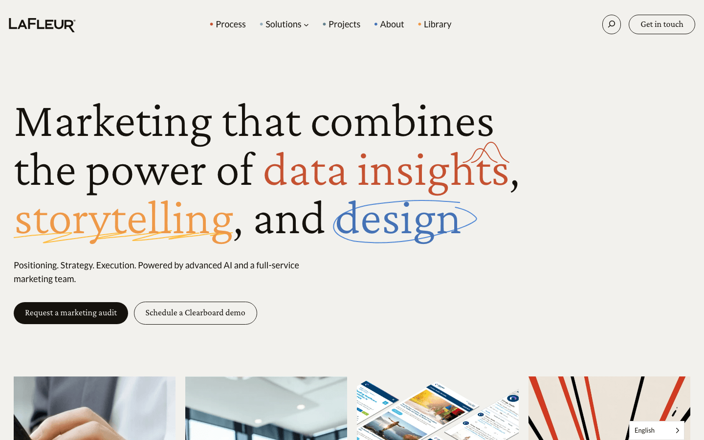 LaFleur Marketing homepage hero screenshot, captured 2026-05-23