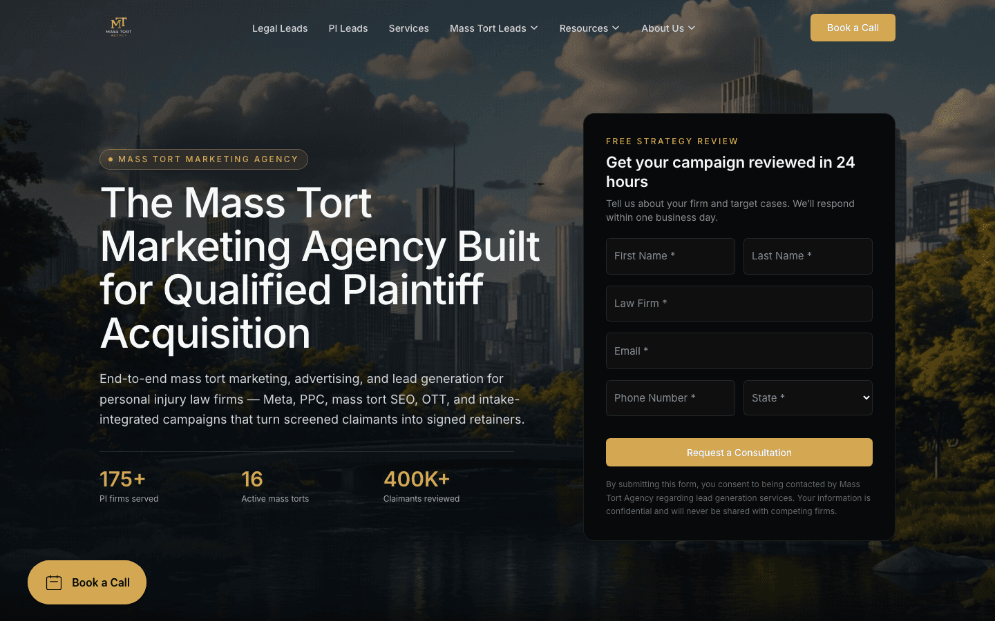 Mass Tort Agency homepage hero screenshot, captured 2026-05-23