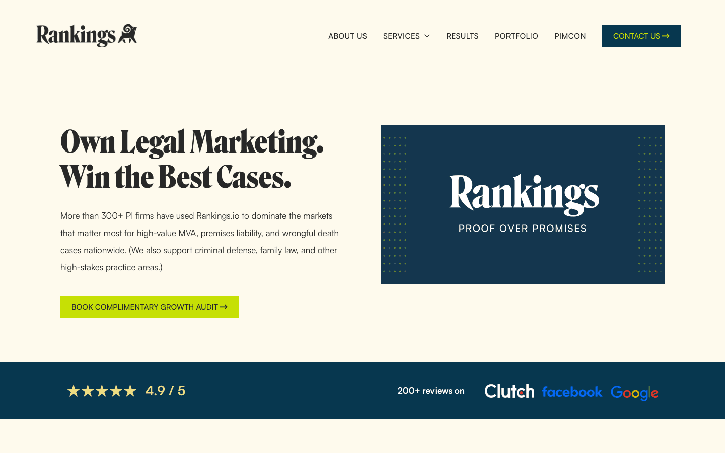 Rankings.io homepage hero screenshot, captured 2026-05-23