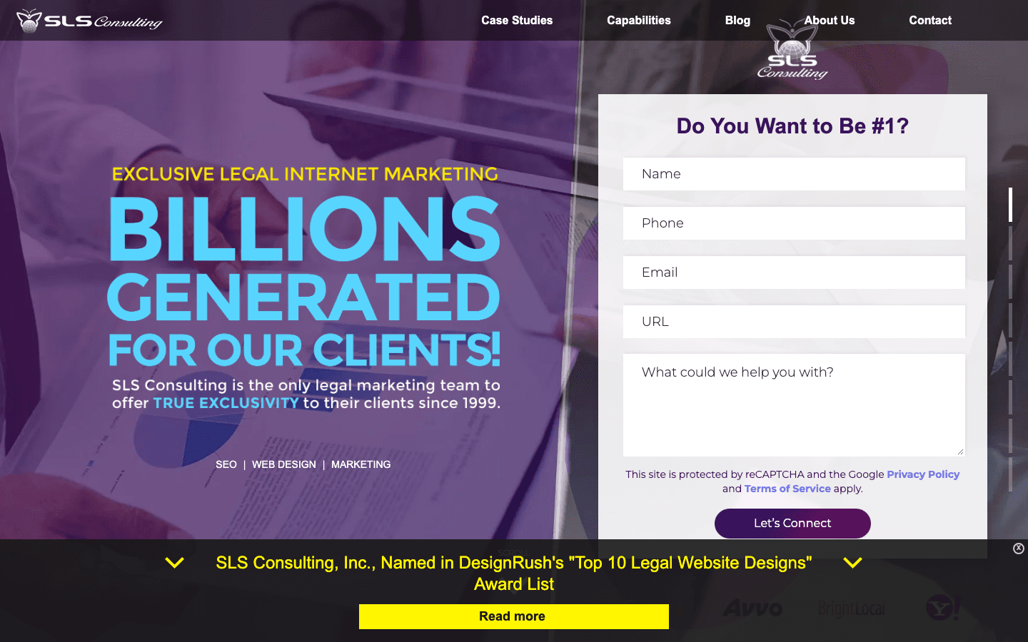 SLS Consulting (Legal Internet Marketing) homepage hero screenshot, captured 2026-05-23